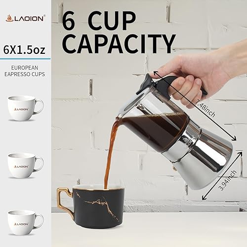 Miniatura 2 de Cafetera de café expreso, 6 tazas de 8.1 fl oz, olla clásica de moka con tapa de cristal y acero inoxidable, cafetera moca, cafetera Greca de Café,