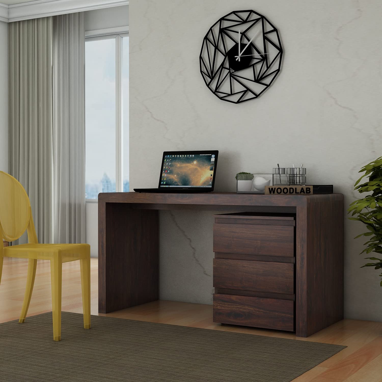 WOODLAB Solid Sheesham Wood Darban Writing Study Desk for Students Office Home Laptop Computer Table with 3 Drawers Storage Bedside (Walnut Finish)