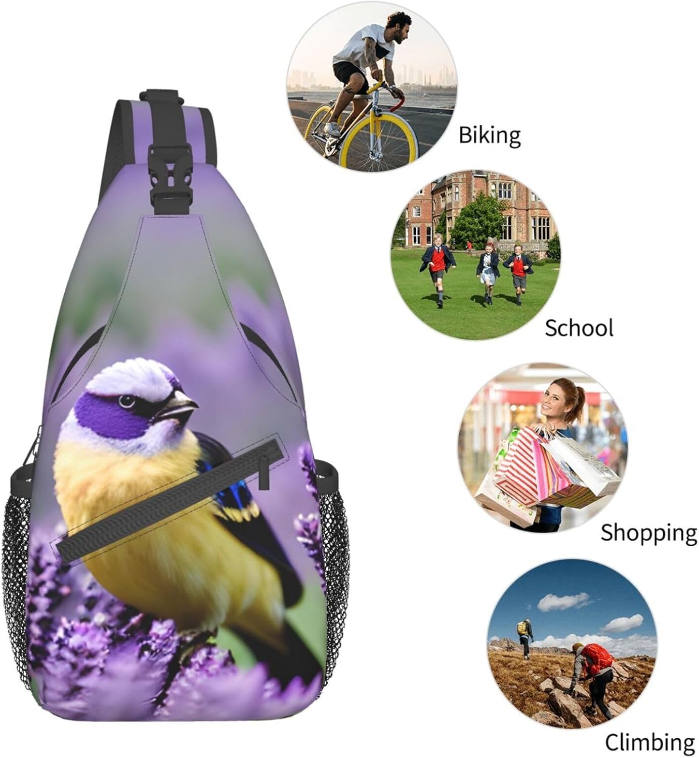 Bird in Purple Lavender Floral Flowers Print Stylish Sling Backpack, Sling Bag,Chest Bag Daypack, for Hiking, Travel, and Business