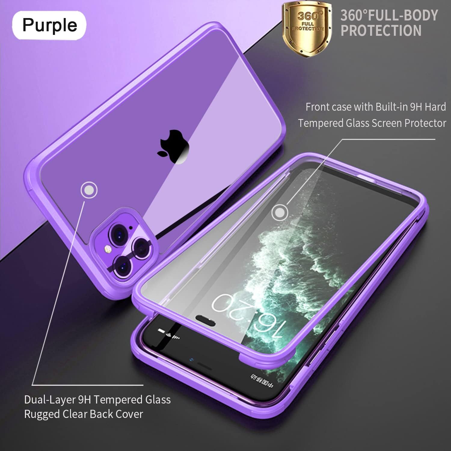 UBUNU iPhone 11 Pro Case with Screen Protector [Built-in 9H Hard Tempered Glass], for Magsafe 360 Full Body Protection, Clear Protective iPhone 11 Pro Phone Case Cover for Men Women 5.8'', Purple