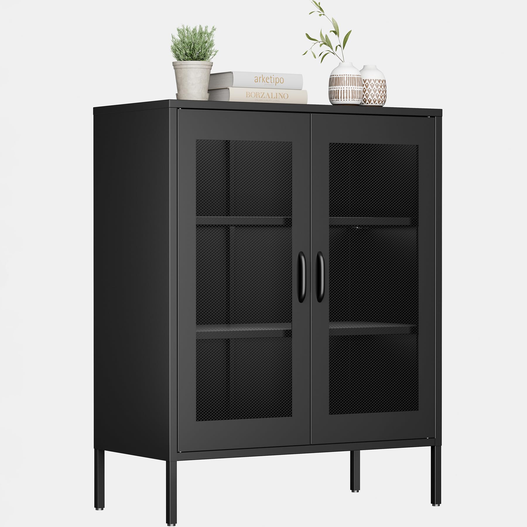QPRVPTOW Bathroom Floor Storage Cabinet,40" H Metal Locker, Small Black Cabinets with 2 Adjustable Shelves & 4 Doors,Freestanding Sideboard,Pantry