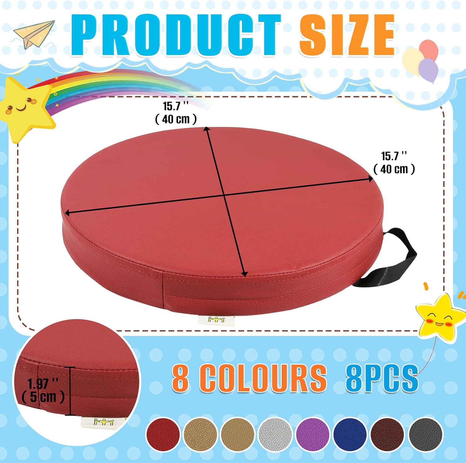 8 PCS 16 Inch Round Floor Pillows with Handles | Waterproof Synthetic Leather Flexible Seating Cushions | 16''x16''x2'' Thick Floor Cushions for Classroom, Home, Yoga & Meditation