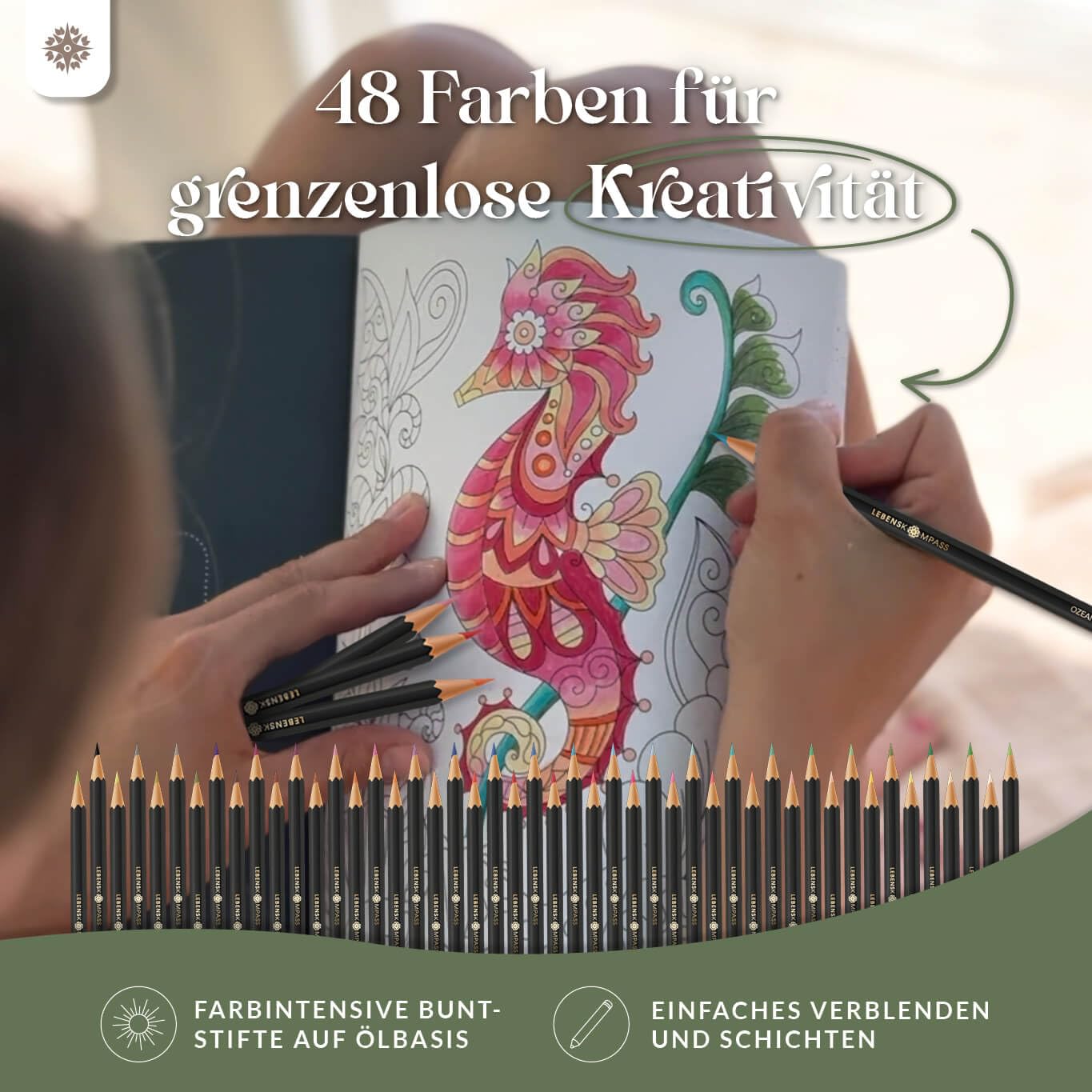 LEBENSKOMPASS® Buntstifte Set – Buntstifte für Erwachsene (48 Malstifte) – Hochwertige Holzstifte für Malbuch, Mandalas & Kunstprojekte – Nachhaltige Farbstifte mit intensiven Farben