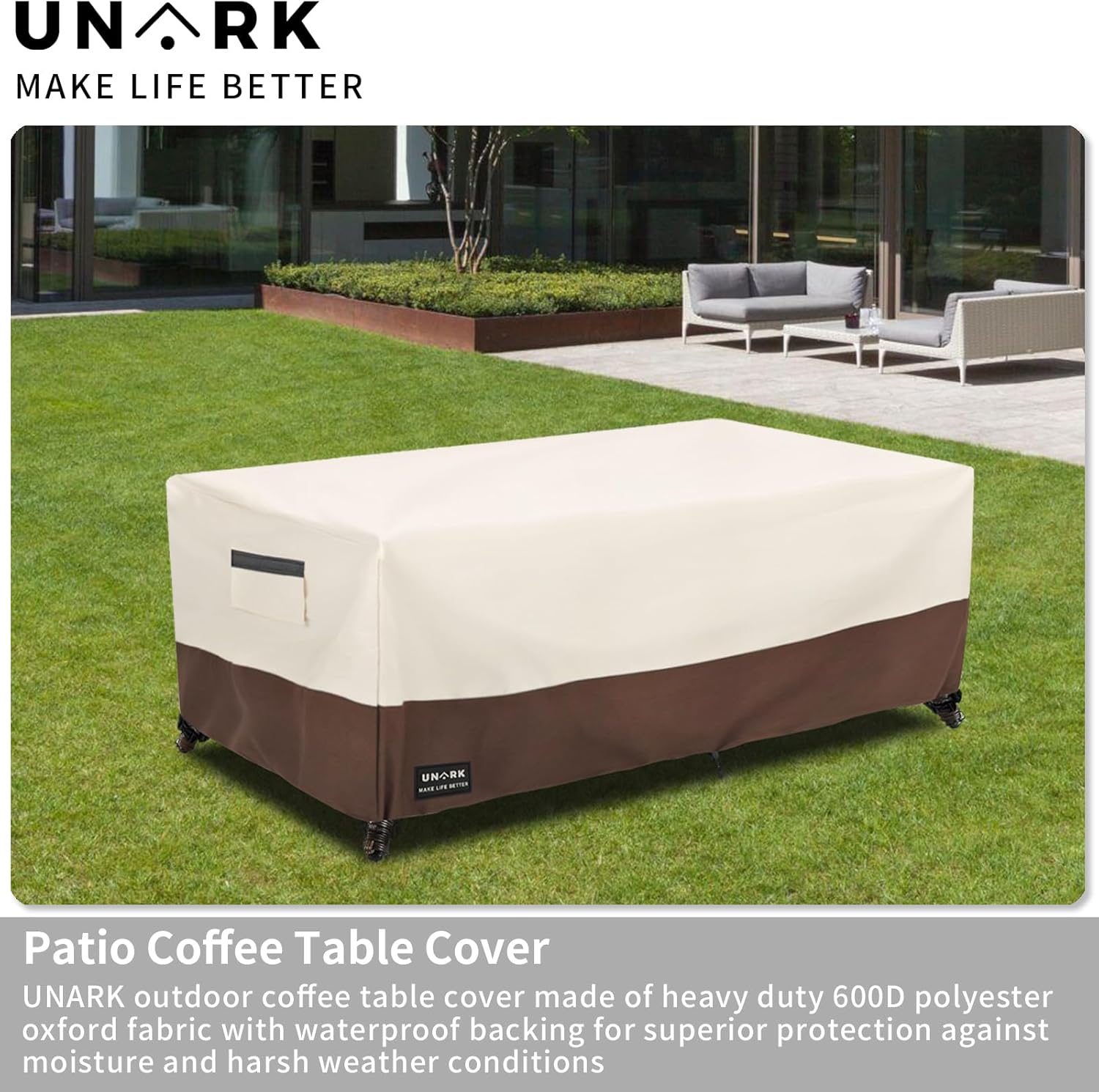 Outdoor Patio Coffee Table Cover, 600D Waterproof Heavy Duty Outdoor Table Cover, Patio Furniture Covers 48 x 28 x 16 inches Beige and Brown