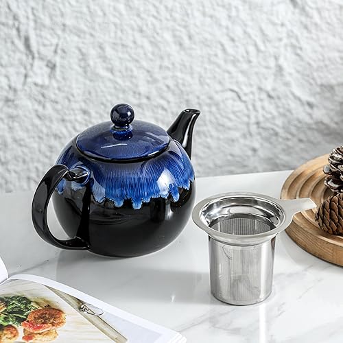 Miniatura 7 de KOOV Tetera de cerámica con infusores para té suelto, tetera de porcelana de 34 onzas para 6 tazas, tetera de té blanco para fiesta de té de alta