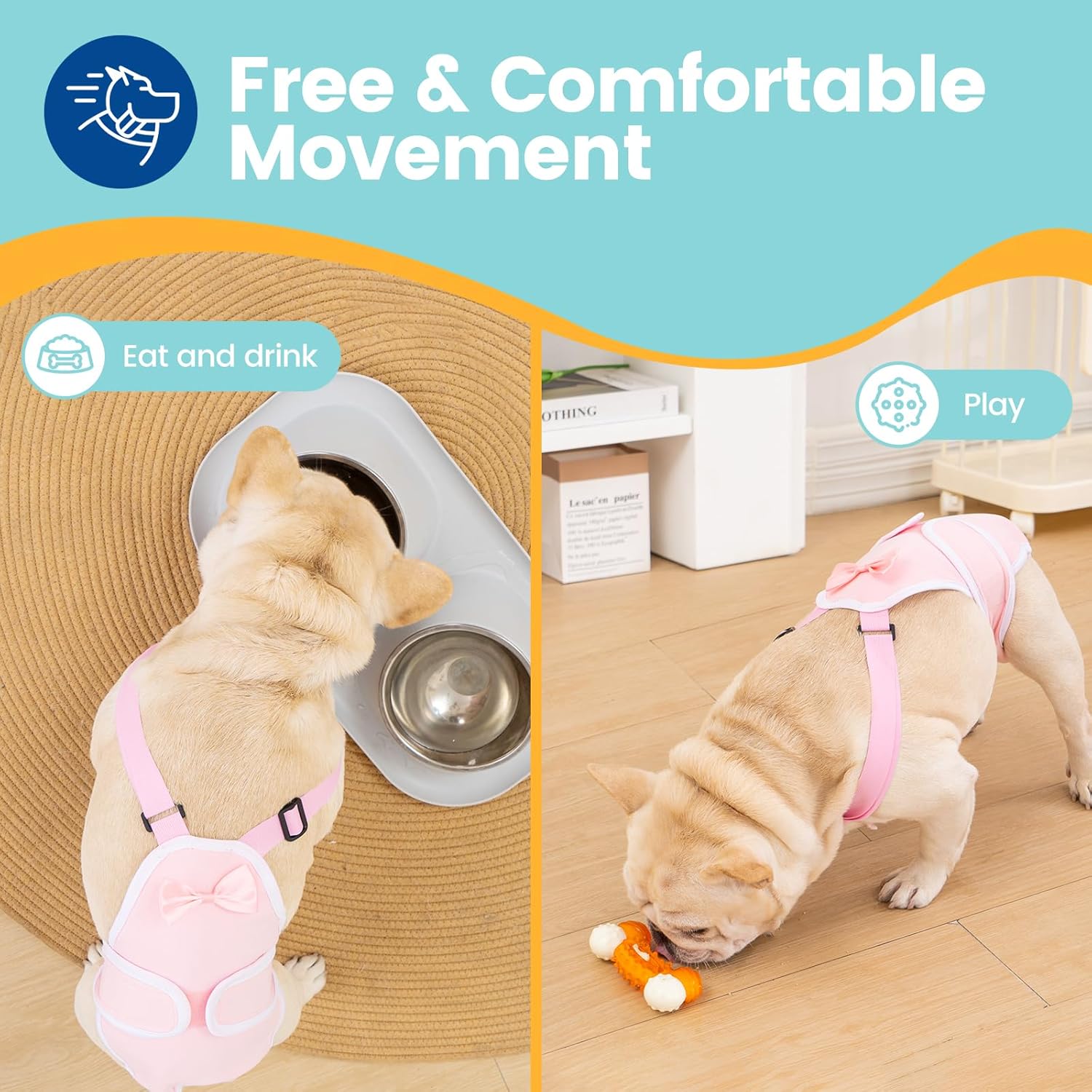 Avont 3 Pack Frenchie Dog Diapers Female, Washable Reusable Girl Doggie Pants for Period Heat Cycle, Full Body Cover Onesie with Adjustable Straps -Pink/Purple/Blue L
