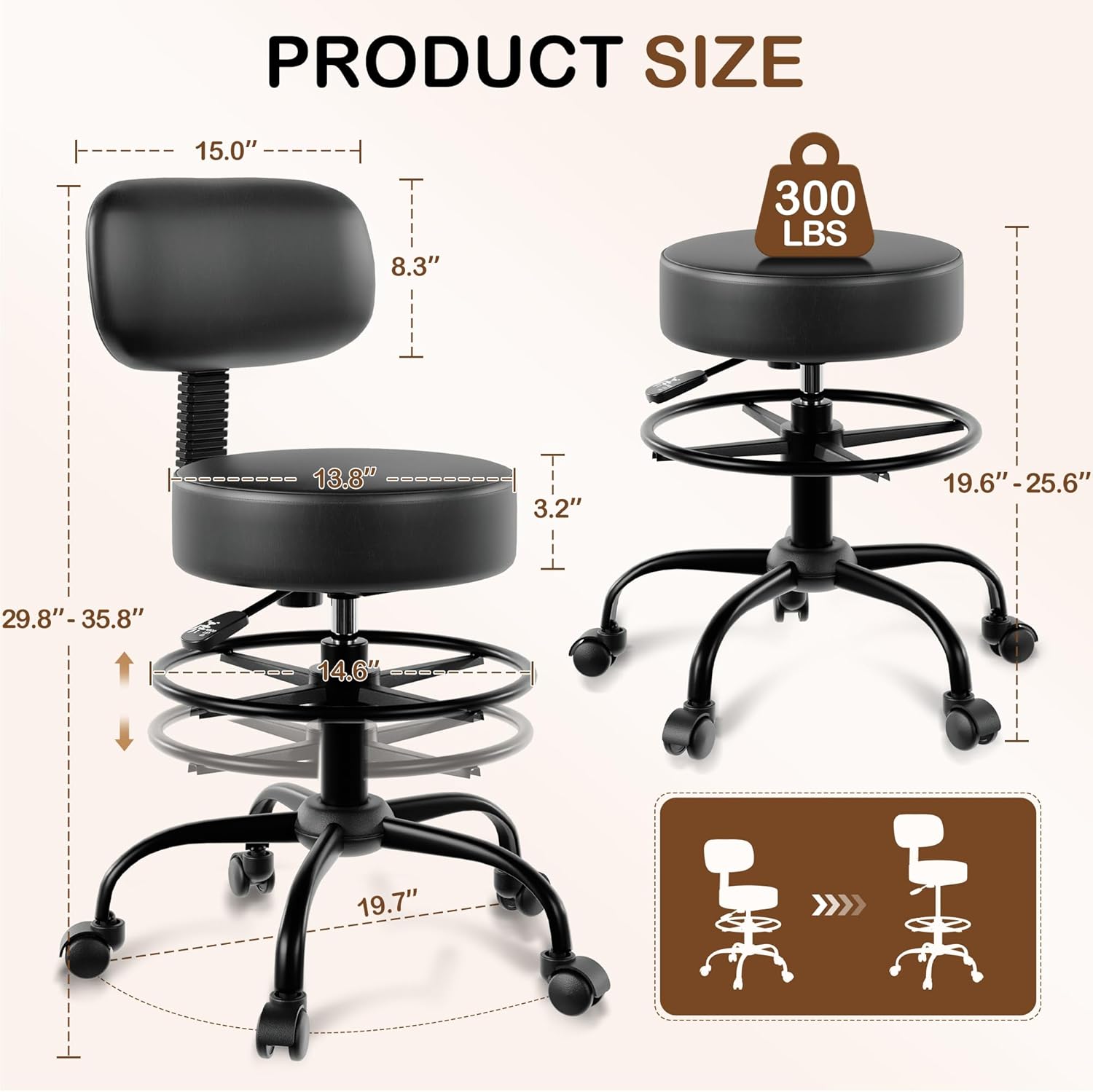 Drafting Chair with Back Support, Adjustable Foot Rest Rolling Stool, 360° Swivel Office Desk Chair with Wheels, Thick Seat Cushion for Home Bar Salon Tattoo Shop (2, Black)