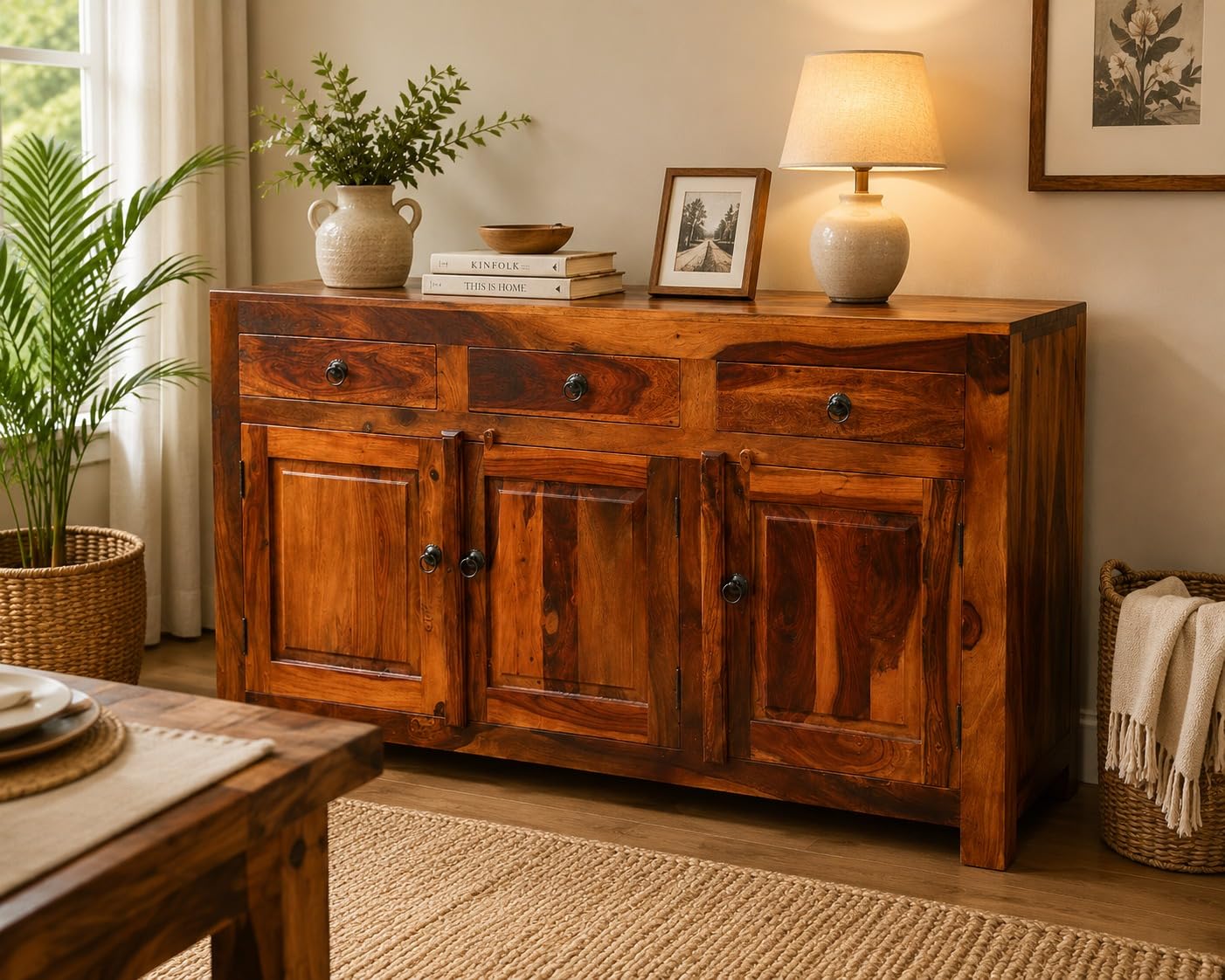 Solid Sheesham Wooden Sideboard Cabinet with 3 Door & 3 Drawers Storage for Livingroo Bedroom & Hollway | Kitchen Side Board for Office Studyroom & Home Decor.-image-15
