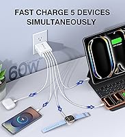 Vista 2 de [Paquete de 2] Cargador de pared USB C, 60 W, 5 puertos PD rápido, bloque de carga USB C, 2 USB C + 3USB A enchufe multipuerto, adaptador de blanco