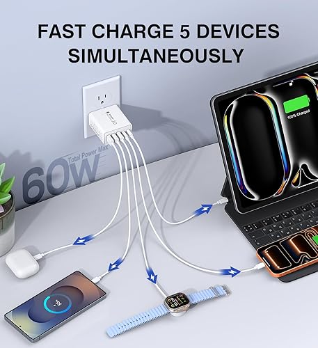 Miniatura 2 de Paquete de 2 Cargador de pared USB C, 60 W, 5 puertos PD rápido, bloque de carga USB C, 2 USB C + 3USB A enchufe multipuerto, adaptador de corriente