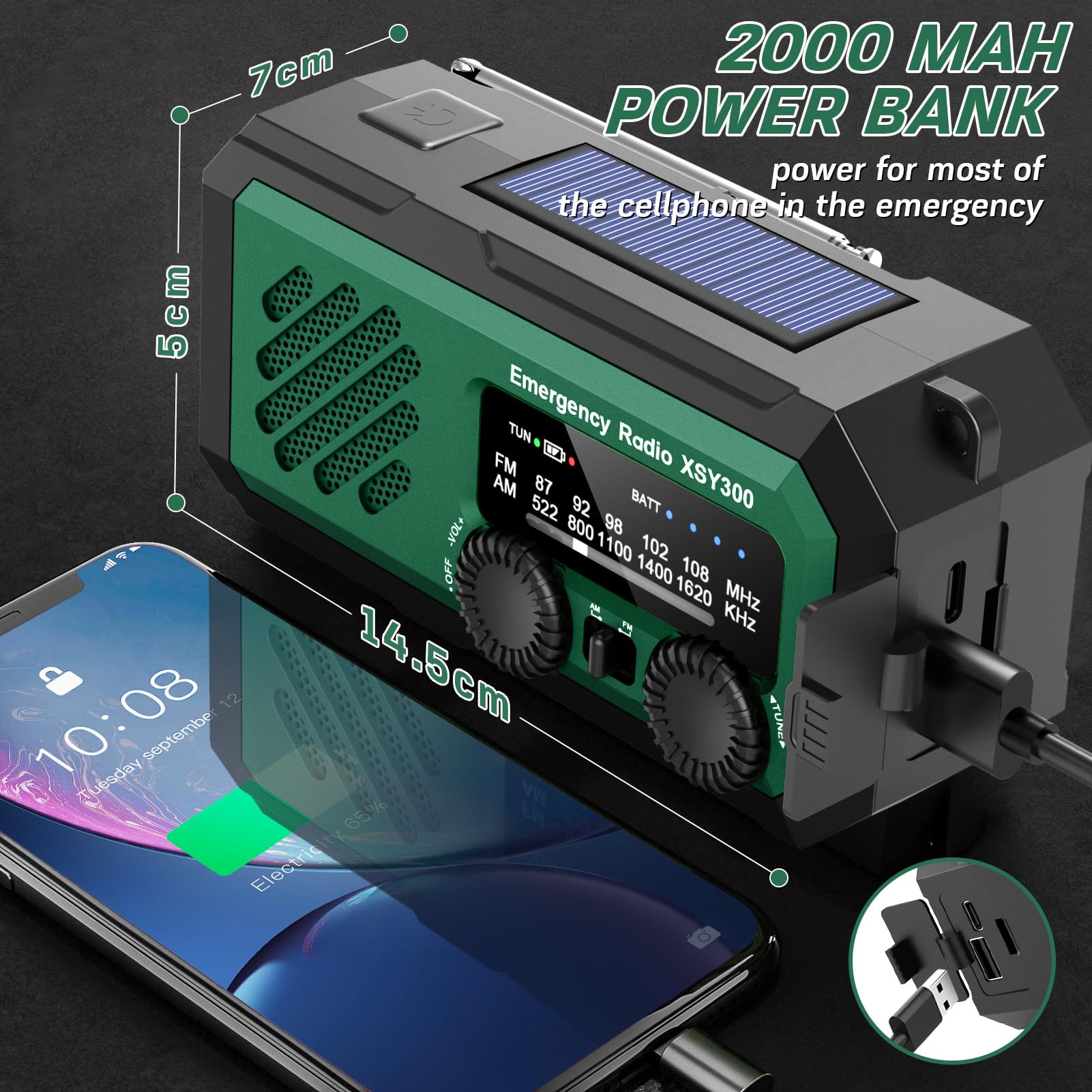 YIKANWEN Tragbares Notfall-Kurbelradio, 2000mAh Wiederaufladbare Batterie, AM/FM Radio mit LED-Taschenlampe für Drinnen und Camping im Freien, Dunkelgrün