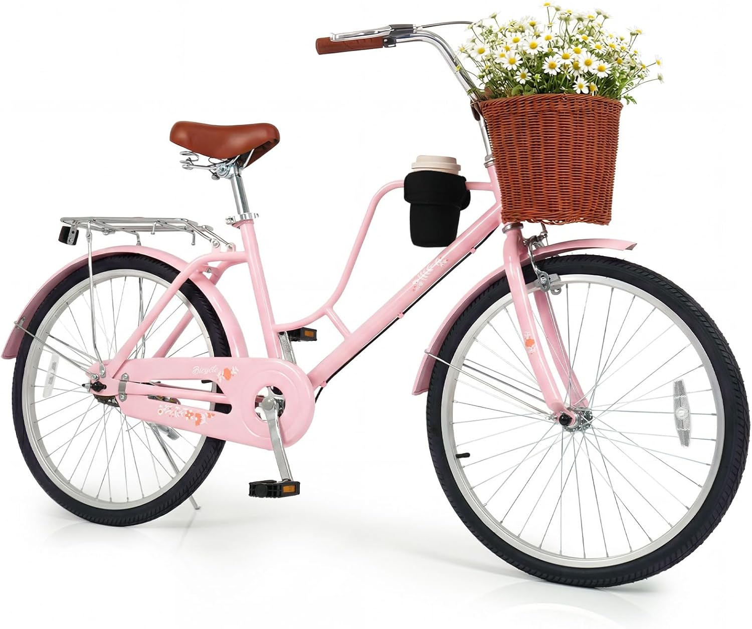 Goplus Beach Cruiser Bike for Women, 24/26-Inch Commuter Bike w/Adjustable Seat, Cup Holder, Basket, Rear Rack, Front Rear Reflectors, City Bicycle for Adults Ladies
