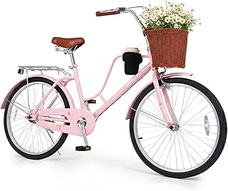 Goplus Beach Cruiser Bike for Women, 24/26-Inch Commuter Bike w/Adjustable Seat, Cup Holder, Basket, Rear Rack, Front Rear Reflectors, City Bicycle for Adults Ladies