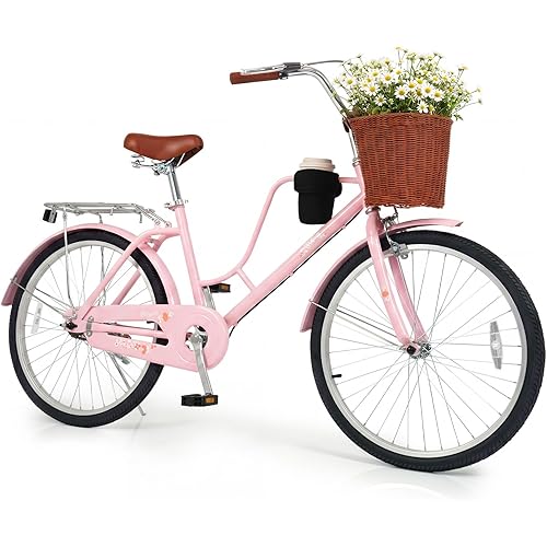 Goplus Beach Cruiser Bike for Women, 24/26-Inch Commuter Bike w/Adjustable Seat, Cup Holder, Basket, Rear Rack, Front Rear Reflectors, City Bicycle for Adults Ladies