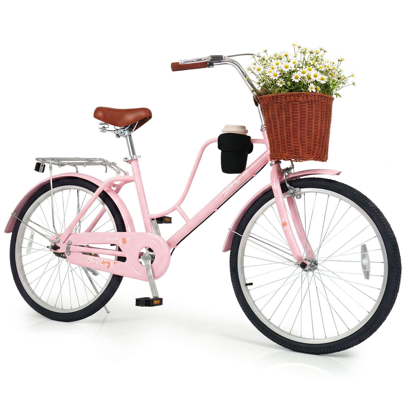 Goplus Beach Cruiser Bike for Women, 24/26-Inch Commuter Bike w/Adjustable Seat, Cup Holder, Basket, Rear Rack, Front Rear Reflectors, City Bicycle for Adults Ladies