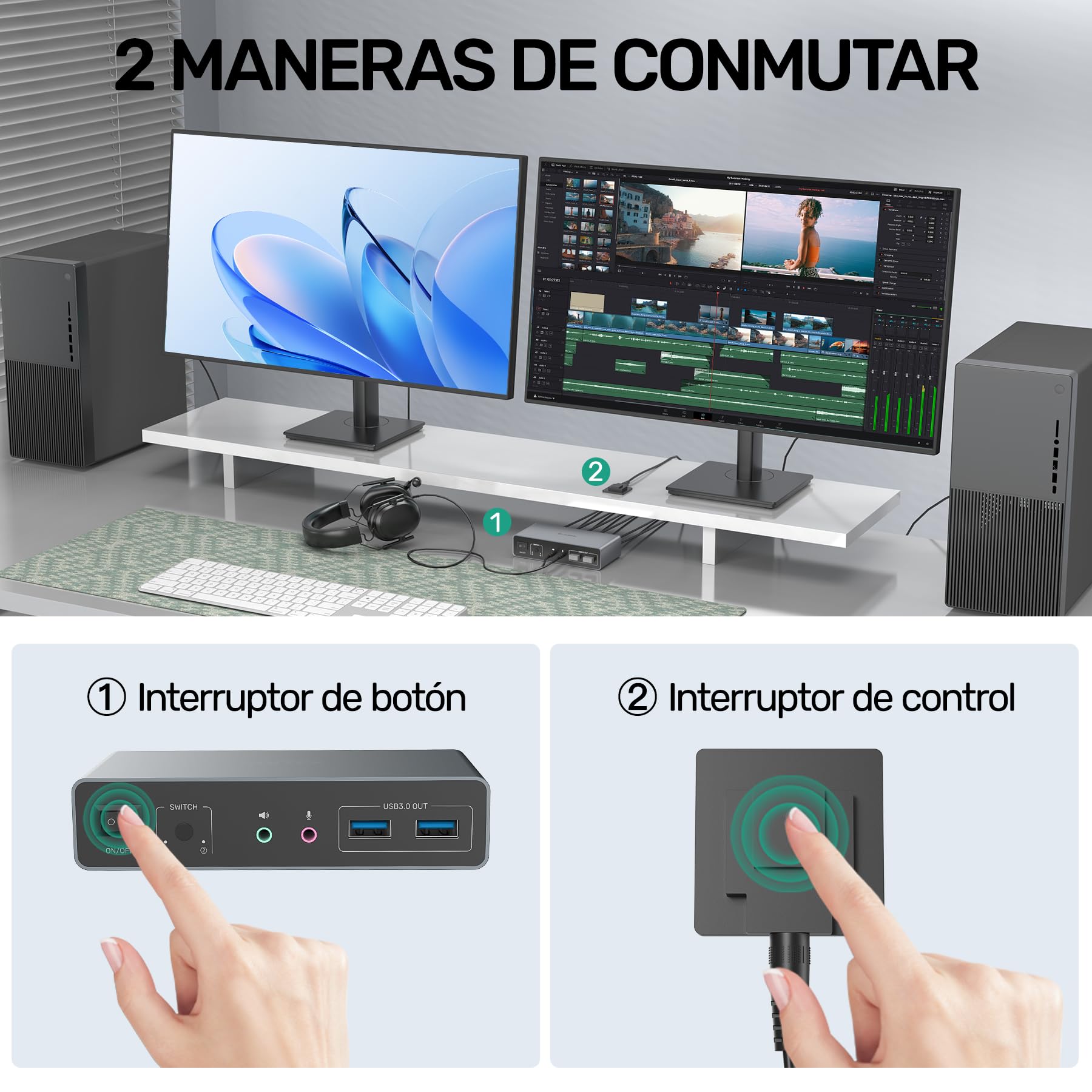 SUIDEK HDMI Displayport KVM Switch, 2 Computadoras 2 Monitores 4K@60Hz KVM Switcher Monitor Dual para 2 PC, 3 Puertos USB 3.0 Soporta Modo Extendido/Espejo con Controlador de Escritorio y 2 Cables USB
