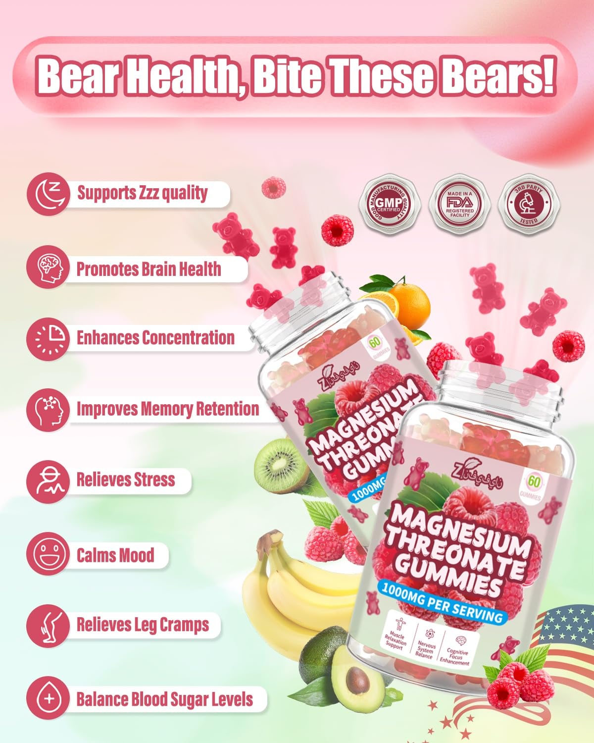 Magnesium L-Threonate Gummies 1000mg – Sugar-Free, Vegan Magnesium Supplement for Kids & Adults, Wellness Support, Non-GMO, Raspberry Flavor, 60 Count