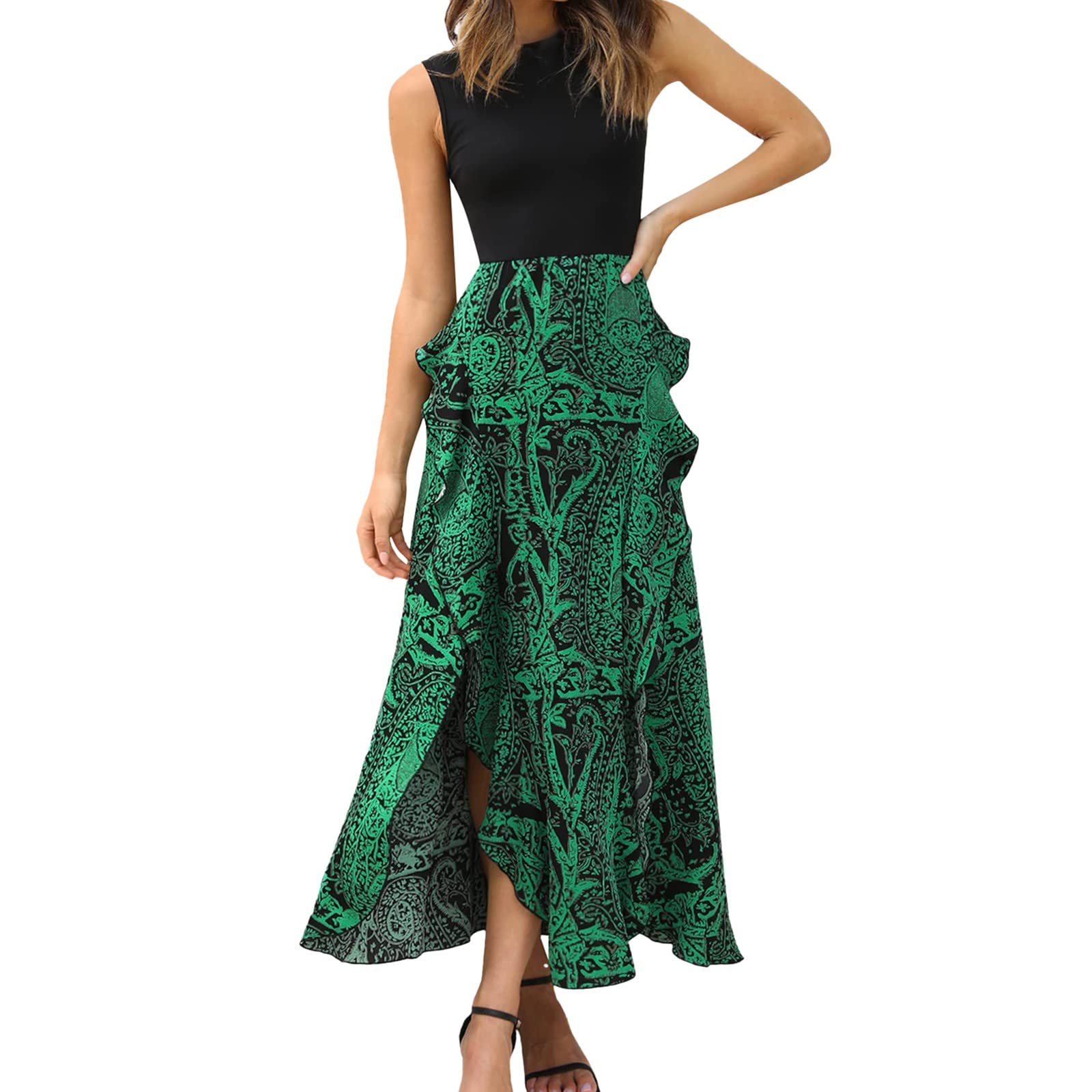 STRY Invitados de boda Vestidos Mujeres Vestidos de verano sin mangas adecuados Primavera Cuello Redondo Patchwork Boho Flores Volantes Cóctel Vestido Midi Invitados de Boda Vestidos