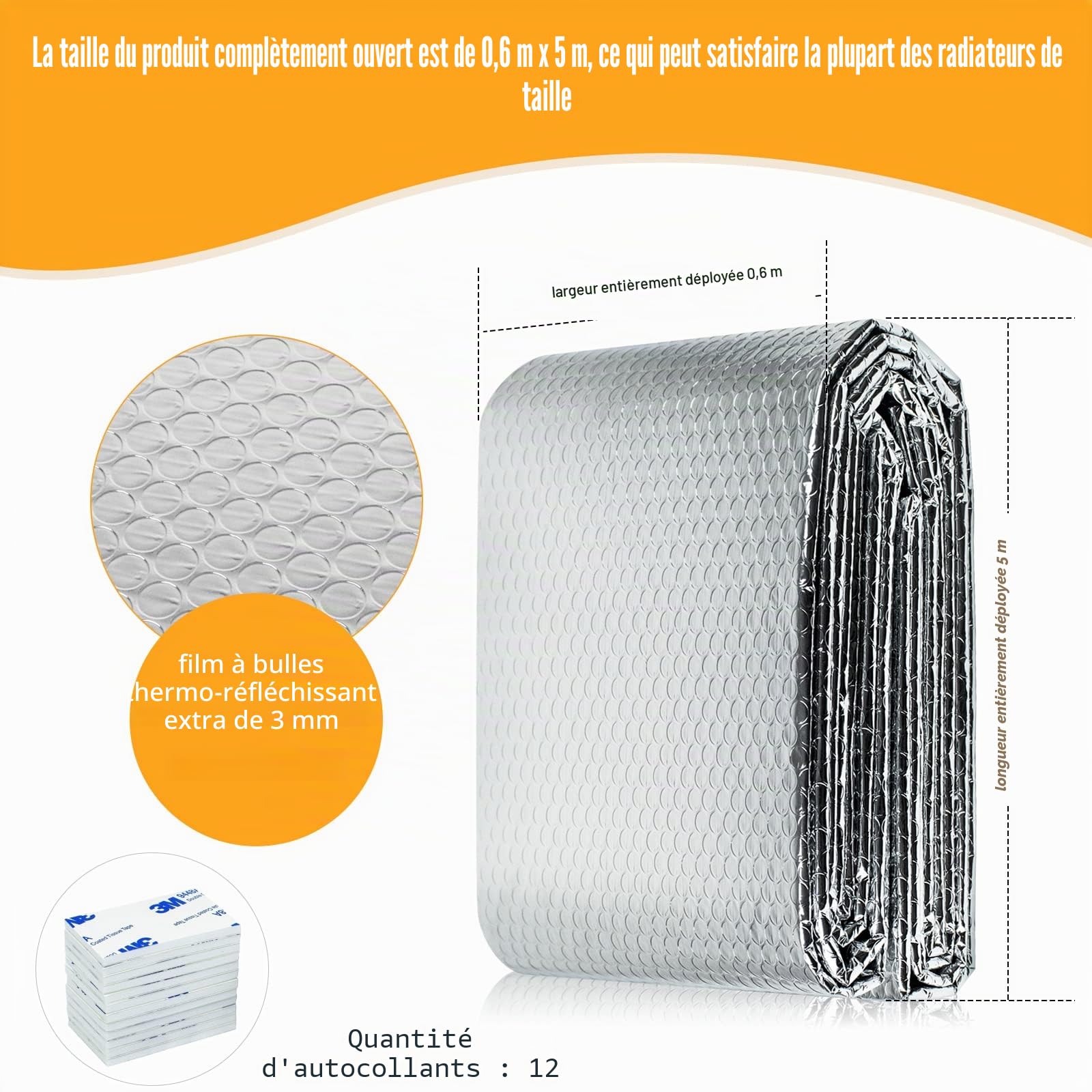 bonna Feuille Réflecteur de Radiateur - 5 m x 0,6 m x 3 mm - Film isolant - Film réfléchissant pour radiateur - Isolation derrière le radiateur