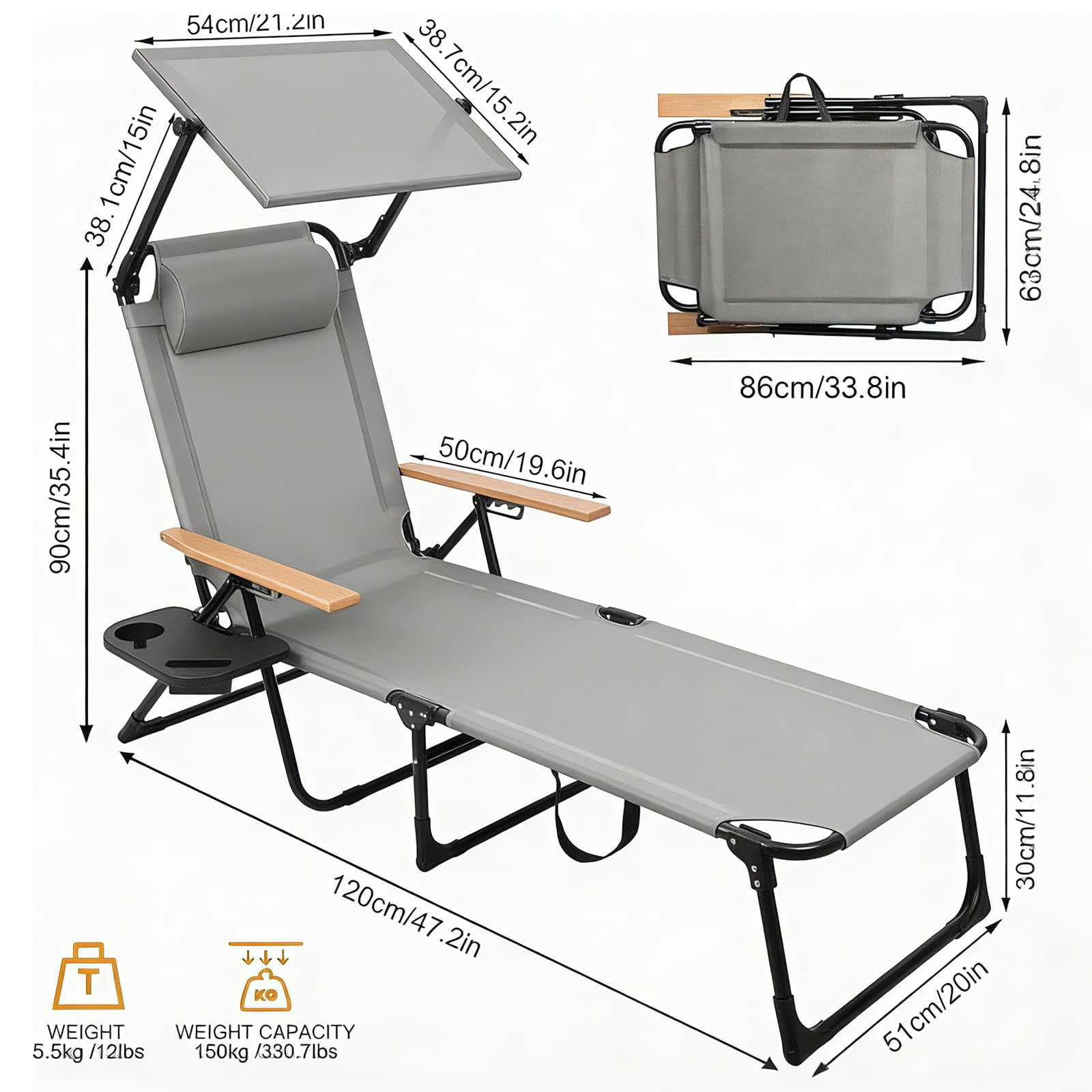 Gartenliege mit Sonnendach, Strandliege Klappbar Leicht, Sonnenliege Klappbar, Gartenliege Wetterfest, Verstellbare Campingliege für Garten, Balkon, Camping, Strand (Grau, Mit Sonnendach)