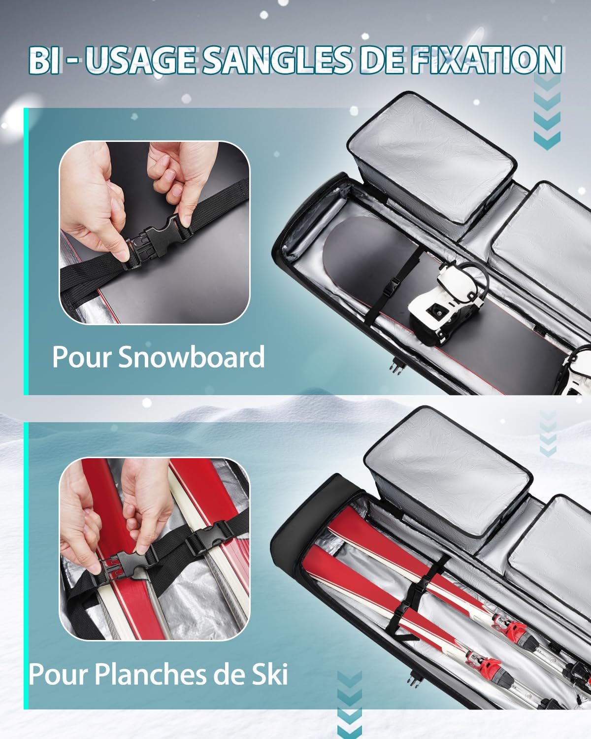 YOREPEK Housse Snowboard avec roulettes, Housse de Snowboard Longueur jusqu'à 160-175 cm, Sac Ski Extensible avec 6 Poches, Imperméable Sac de Ski Homme Femme Adulte Jeune, Cadeau, Noir，Cyan