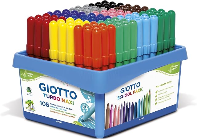 GIOTTO Turbo Maxi Super Washable Felt Tip Fibre Pens, Large Tip Nib 5mm, School pack, 108 x Assorted Colours, Ideal for Children, Parties and Schools