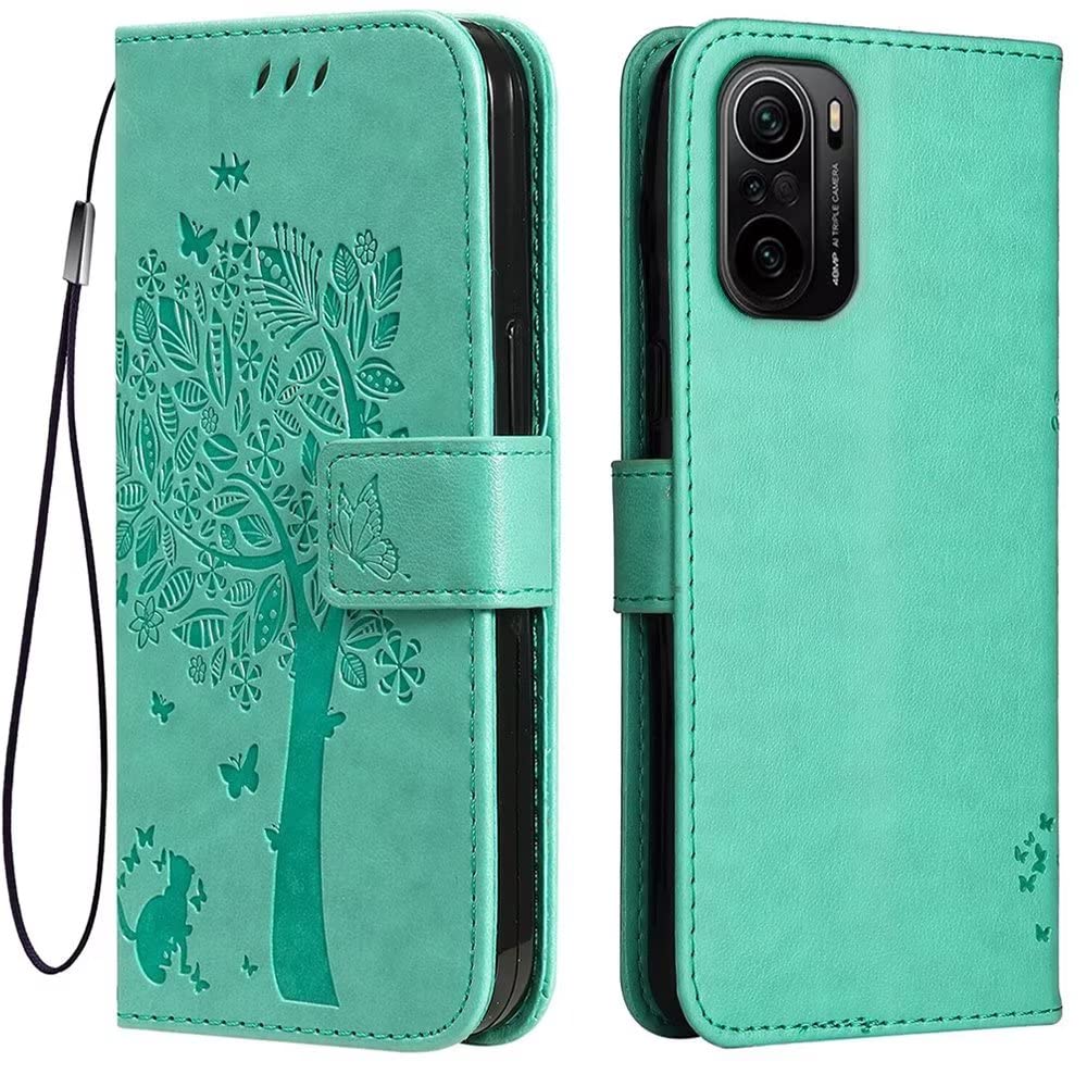 Topme Skórzane etui do Xiaomi Poco F3 / Xiaomi Poco F3 5G / Xiaomi 11i 6.67, [Wzór kota i drzewa] - zielone