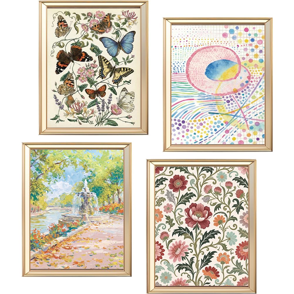 PRESSINART 4 Styles Vintage Floral Wall Art Set of 4, Poster Prints for Walls Unframed Flower Butterfly Landscape Pictures Prints for Bathroom Bedroom Living Room Dorm Home Decoration 25.4 x 20cm