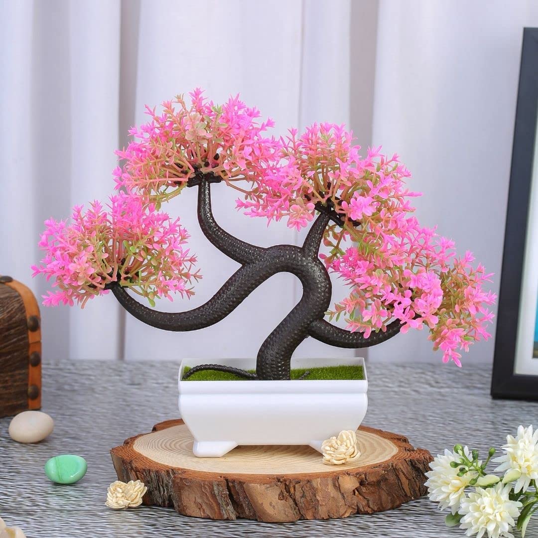 SATYAM KRAFT 1 Pcs Artificial Small Bonsai Flower with Designer Pot | Realistic Looking - No Maintenance | Flower Pot for Home Decor,Office Decor, Table Decor.