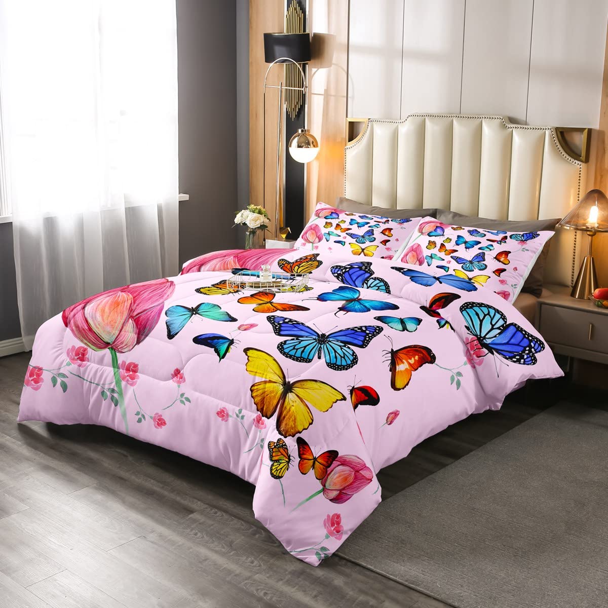 Juego de ropa de cama de mariposa para niños y niñas, edredón de plumón de mariposas, color rosa, diseño de flores de loto y flores, tamaño doble, 3 piezas