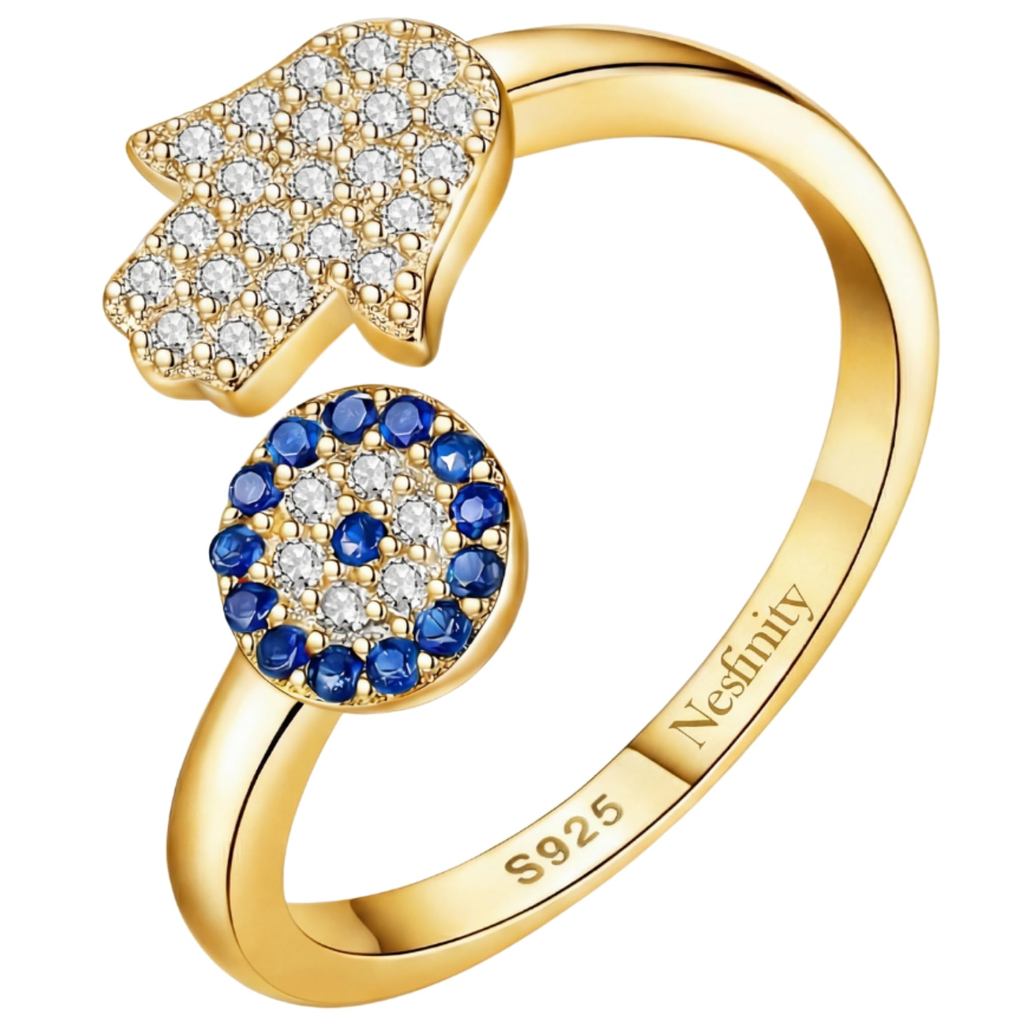 Nesfinity Nazar Boncuk Ring 925 Silber vergoldet | Verstellbarer Damenring | Fatima Hamsa & Evil Eye Talisman | Türkisches Auge Schmuck Geschenk | Goldring | Böser Blick | Goldkette | Silberhalskette