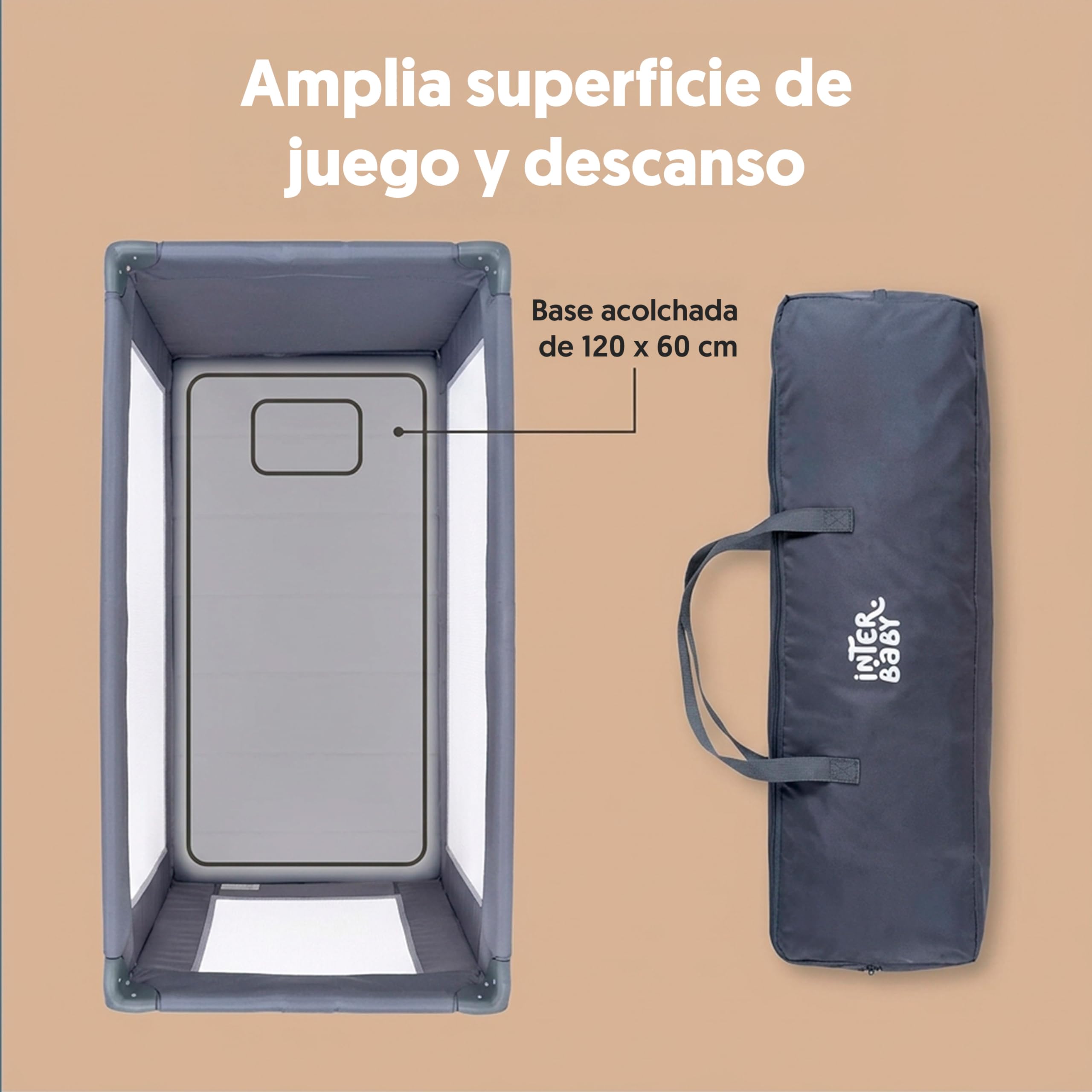 Interbaby - Cuna de Viaje Bebé Plegable con Ruedas y Bolsa de Transporte, Parque Cuna 2 en 1, Ligera y Compacta, Malla Transpirable, Compatible 120x60 cm, Desde Nacimiento hasta 3 Años (15 kg) (Gris)