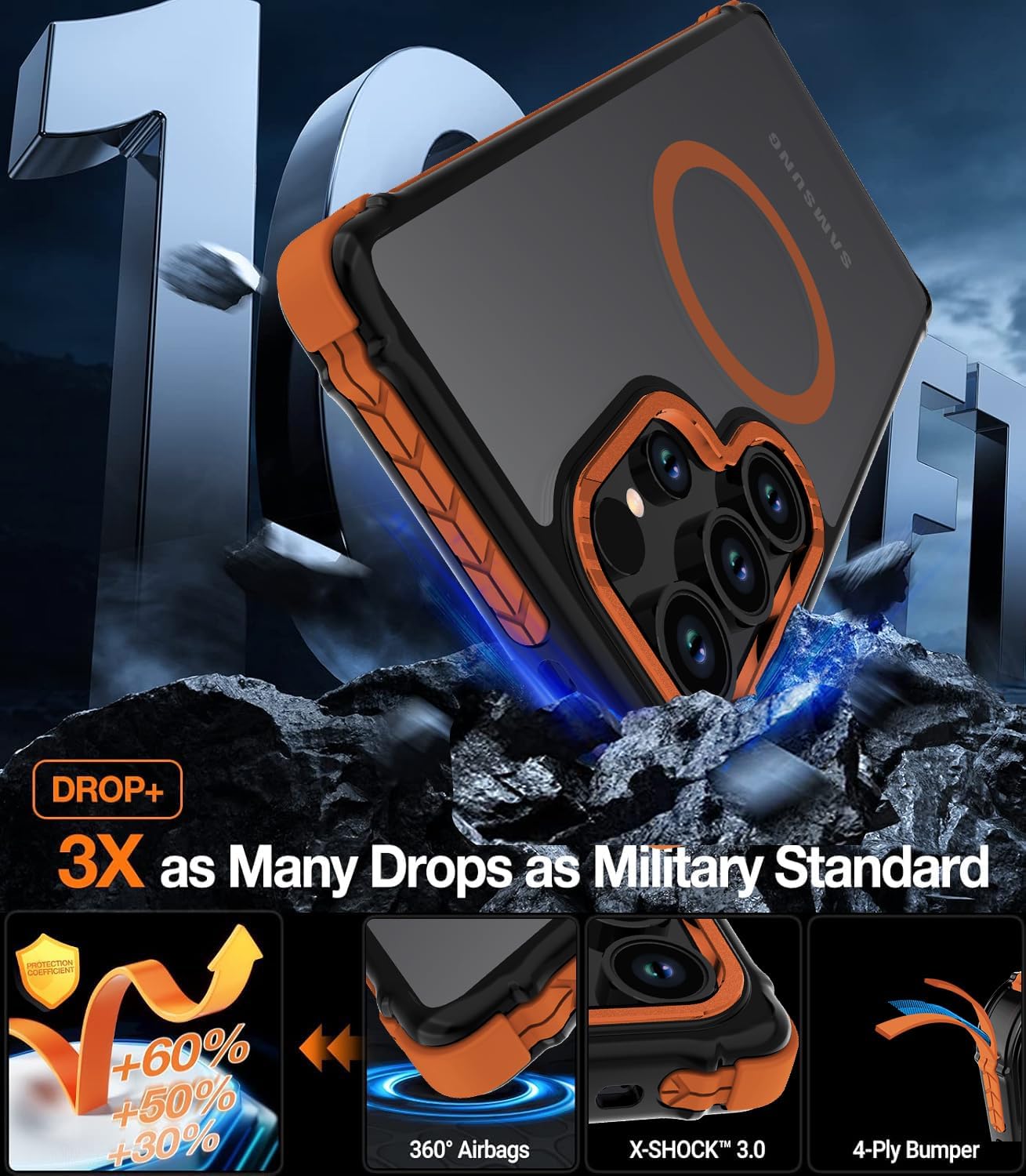 DEERLAMN Strong Magnetic Case for Samsung Galaxy S24 Ultra 6.8-Inch,[Compatible with Magsafe][Military Grade Drop Protection] Translucent Matte Shockproof Protective Phone Cover, Frosted Orange - Image 3