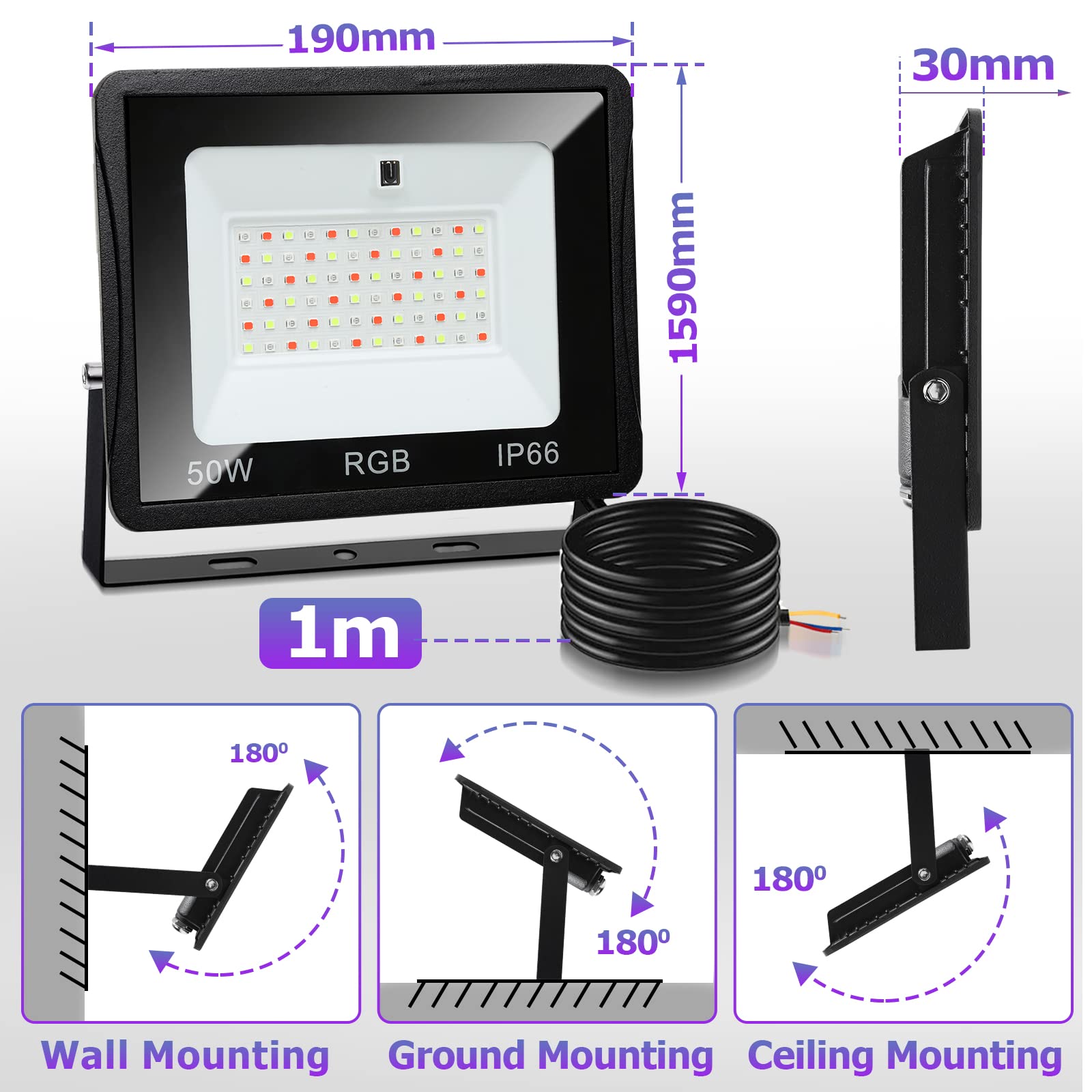 RGB Strahler, 8er 50W Bunt Dimmbar Fluter mit Fernbedienung, LED Scheinwerfer 16 Farben 4 Modi, Farbwechsel Fluter Memoryfunktion, IP66 Wasserdicht für Aussen Innen (kein Stecker)