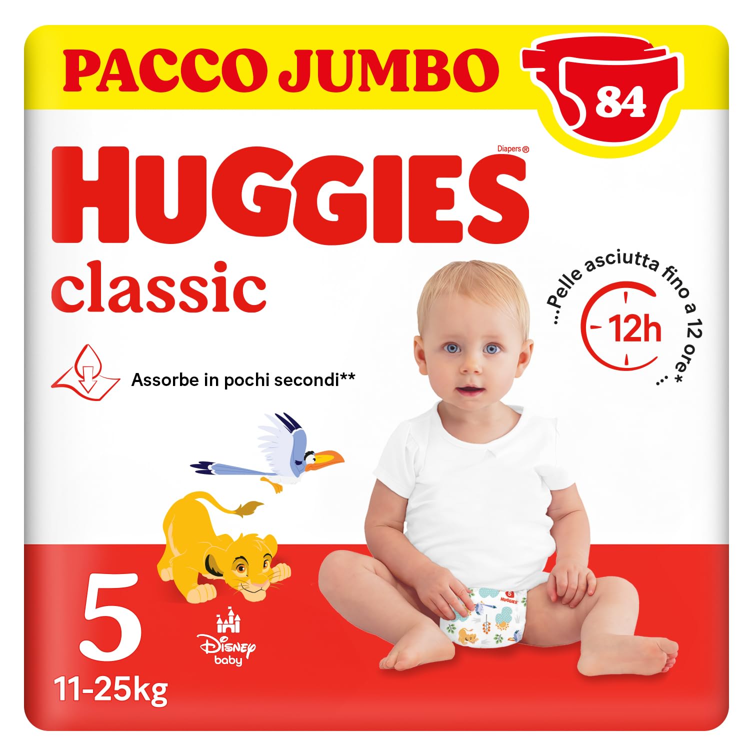 Huggies Classic, Pannolini Taglia 5 (11-25Kg), Protezione completa, Pacco Jumbo, 84 Pz
