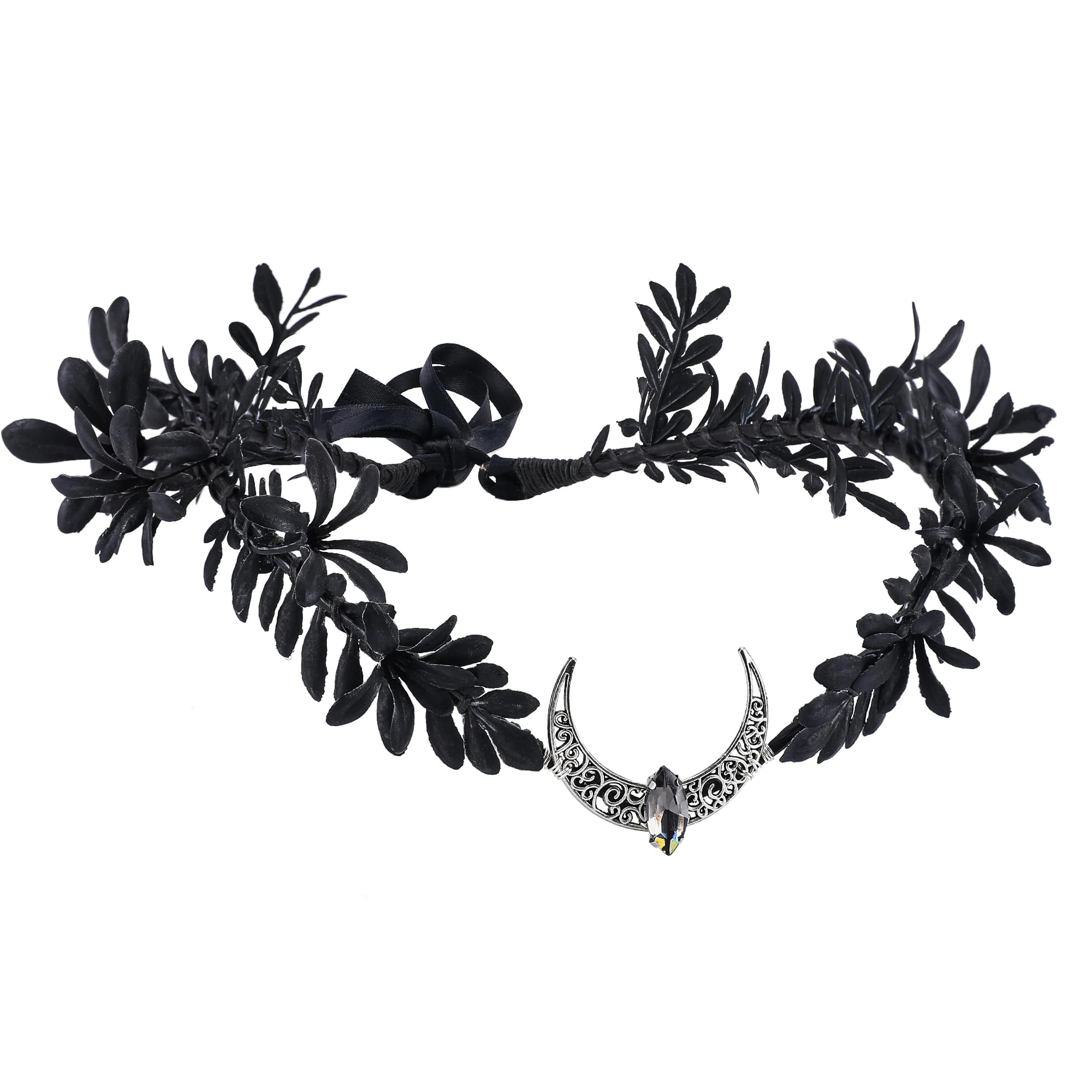 MOSTORY Black Moon Flower Crown - Handmade Gothic Elf Headpiece Woodland Dark Floral Headband Fairy Circlet for Renaissance Halloween Goth Wedding