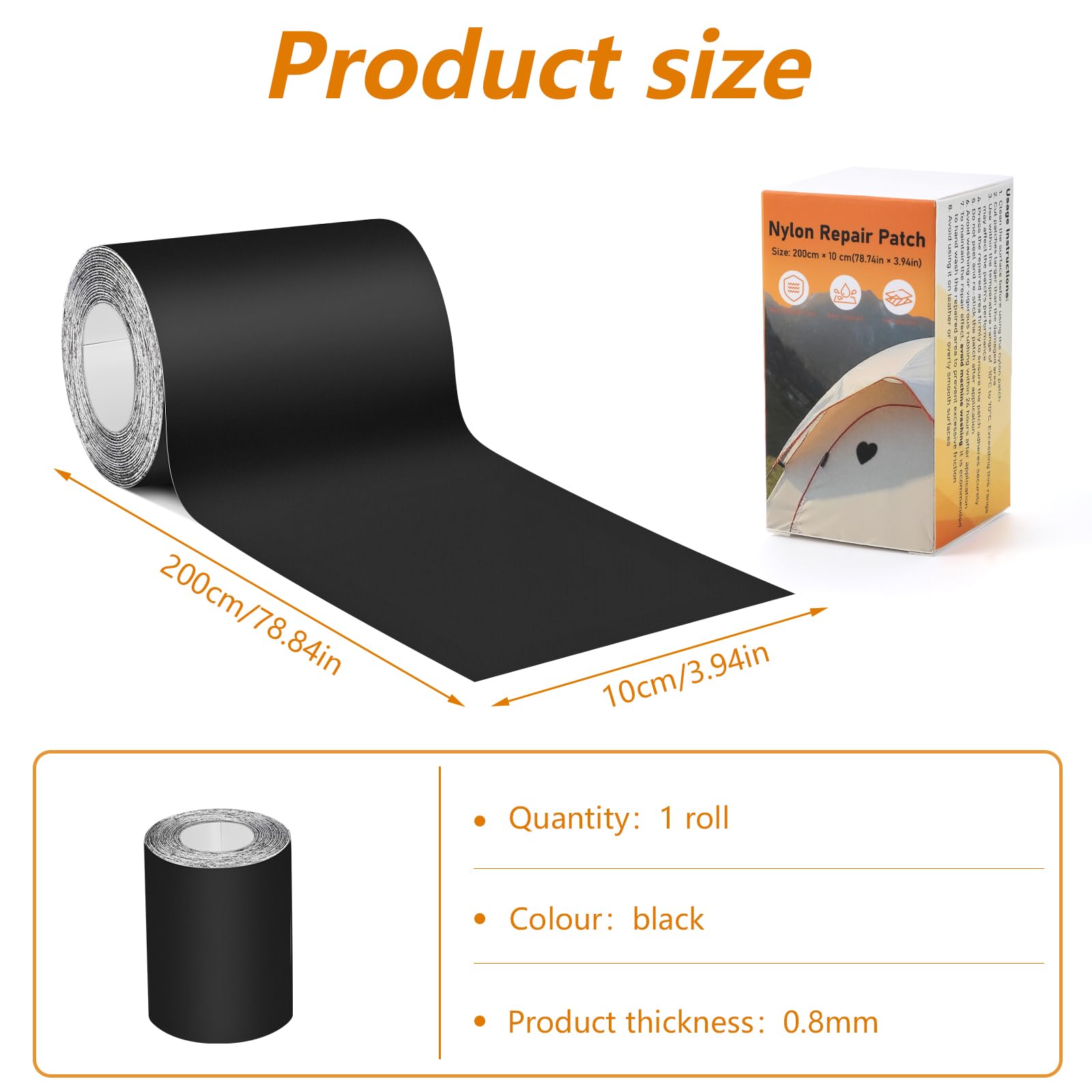 Euqvunn Łata Naprawcza Z Nylonu, Samoprzylepna Taśma Naprawcza Do Namiotów (200 cm x 10 cm), Wysokiej Wytrzymałości Nylon, Wodoodporna, Taśma Naprawcza Do Namiotów, Kurtek, Plecaków (czarna)