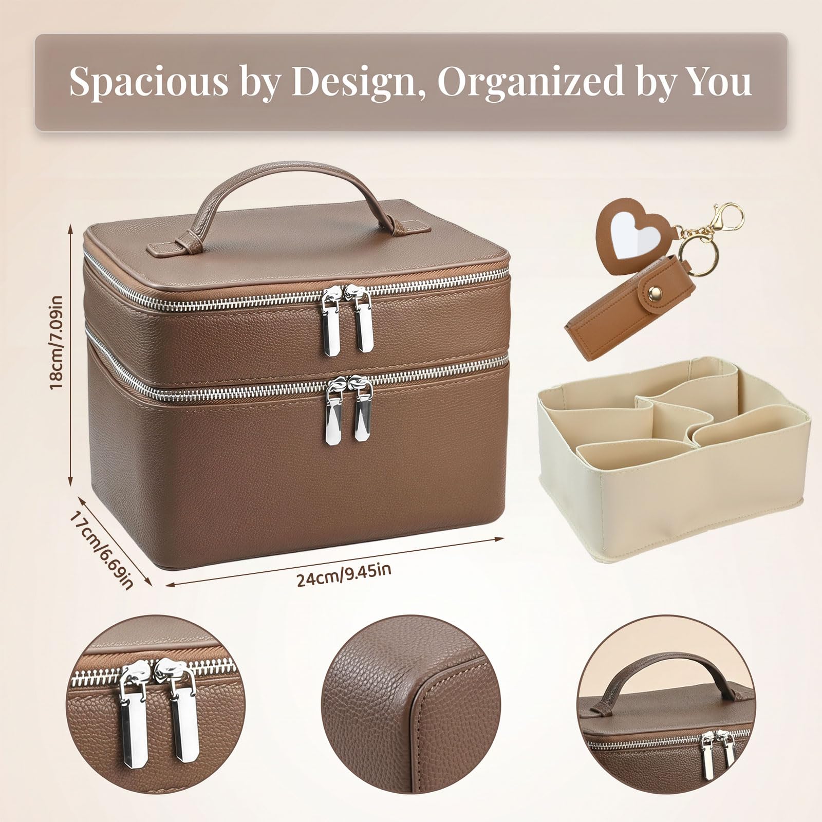 Trousse de maquillage double couche pour femme, grande trousse de maquillage en cuir synthétique avec séparateurs amovibles, organiseur portable étanche pour maquillage, pinceaux, trousse de toilette