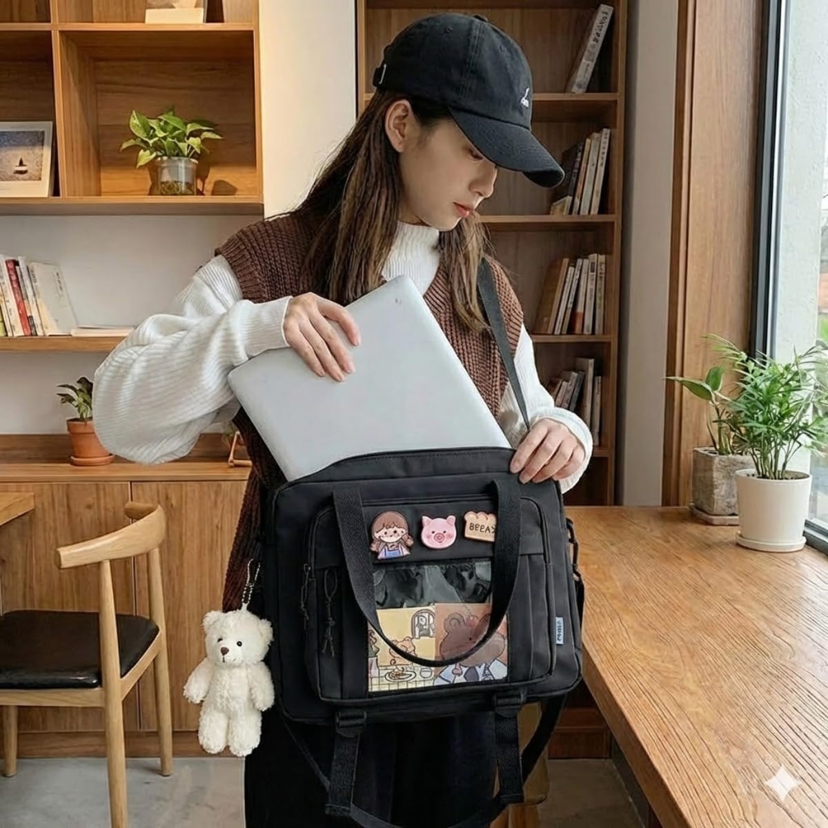 Kawaii Crossbody Ita Bag for Women with Pin & Plush Bear - Japanese Messenger Bags Y2K Shoulder Purse