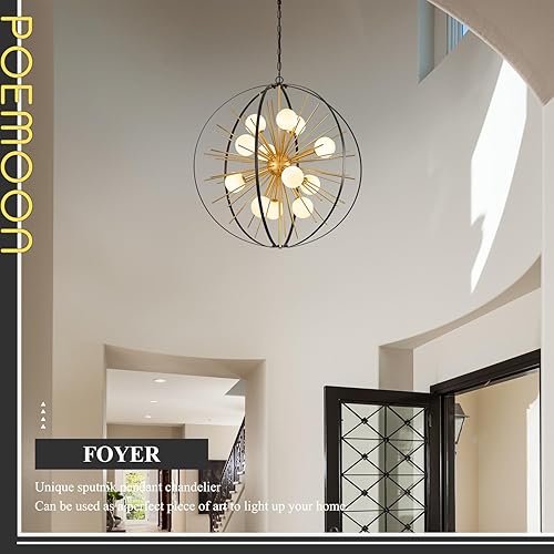 Miniatura 2 de Lámpara Sputnik moderna de 12 luces, color negro y dorado, de 31 pulgadas, colgante de techo de mediados de siglo, fuegos artificiales, globo con