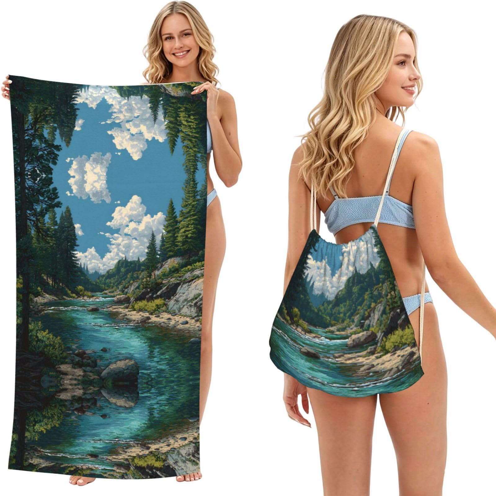 ESNAIUVCD River Print Beach Towel For Adults,Towel With Drawstring Bag, Travel Pool Swimming Sports Shower Sand Free Quick Dry Bath Towel For Pool, Beach, Yoga- 180x60cm