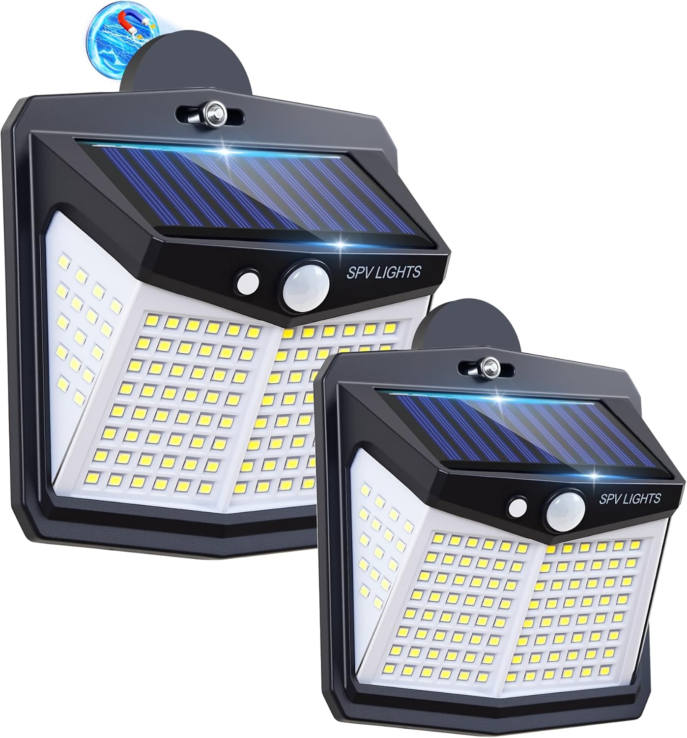 2Pack 128LED Magnetic Photo voltaic Lights Outside, Vivid Movement Sensor Outside Lights with Sturdy Magnets, Ip65 Waterproof Photo voltaic Lights for Chain Hyperlink Fence, Patio, Yard, Camper, RV