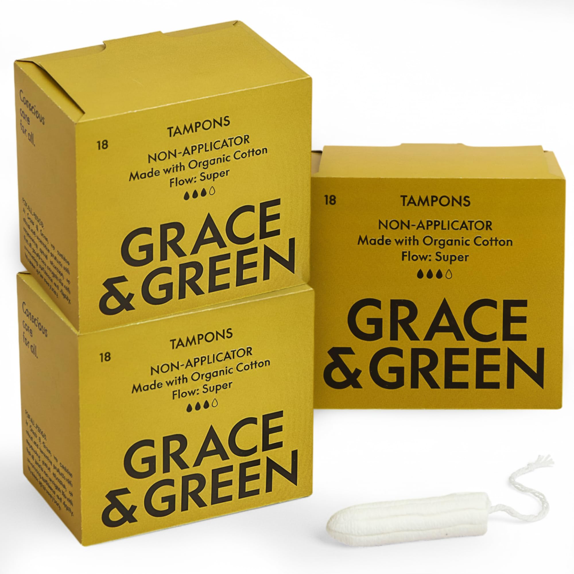 Grace & Green 45 Non-Applicator Tampons - Super Plus Size | Eco-Friendly Period Products | Biodegradable Packaging | B-Corp Certified | Safe & Sustainable | 3 x 15 Pack | No Dye, Bleach or Fragrance