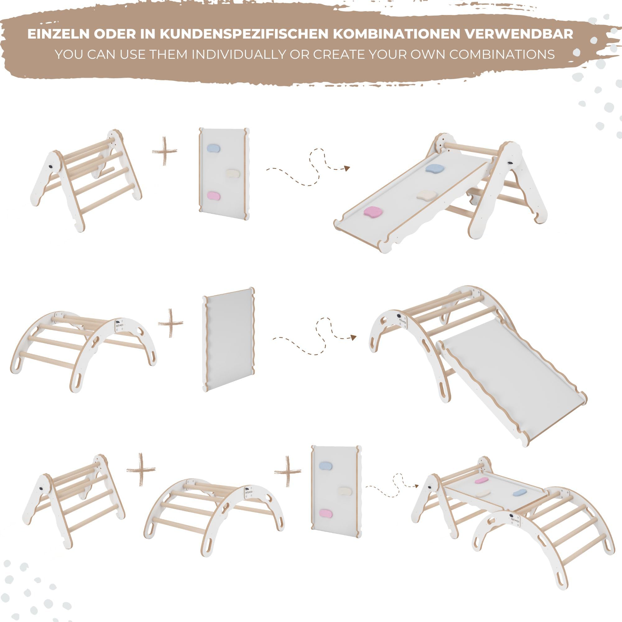 MAMOI® Set Klettergerüst Indoor, Kletterdreieck mit rutsche aus Holz, Kletterbogen, Klettergerüst mit Rutschbrett, Holzbogen für Spielplatz, Montessori