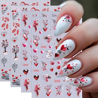 4 Sheets 5D Embossed Valentines Nail Stickers for Nail Art Heart Nail Art Stickers Cute Cupid Angel Rose Nail Decals Valentines Heart Tree Nails Design Sticker for Women Girls DIY Nail Decoration
