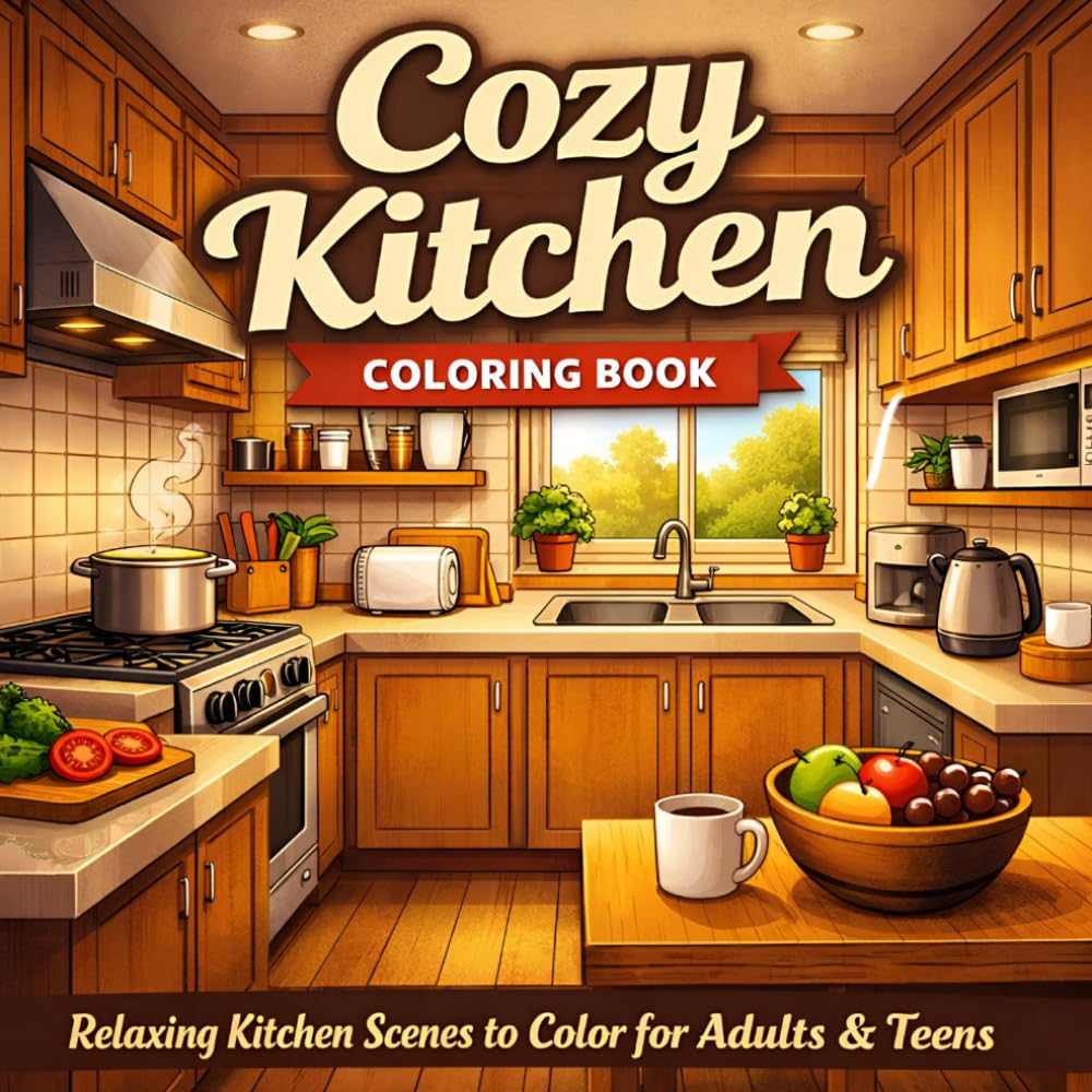 Cozy Kitchen Coloring Book: Bold & Easy Relaxing Kitchen Scenes for Adults & Teens (Cozy Coloring Series)