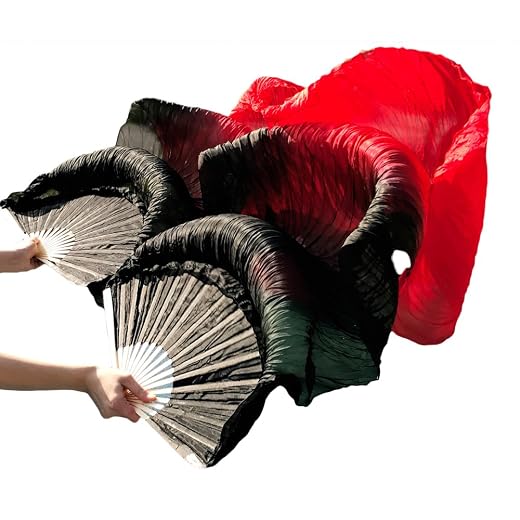 Nimiman Women 1 Pair Chinese Real Silk Belly Dance Fan Veils Gradient Color Black Red 1.5m
