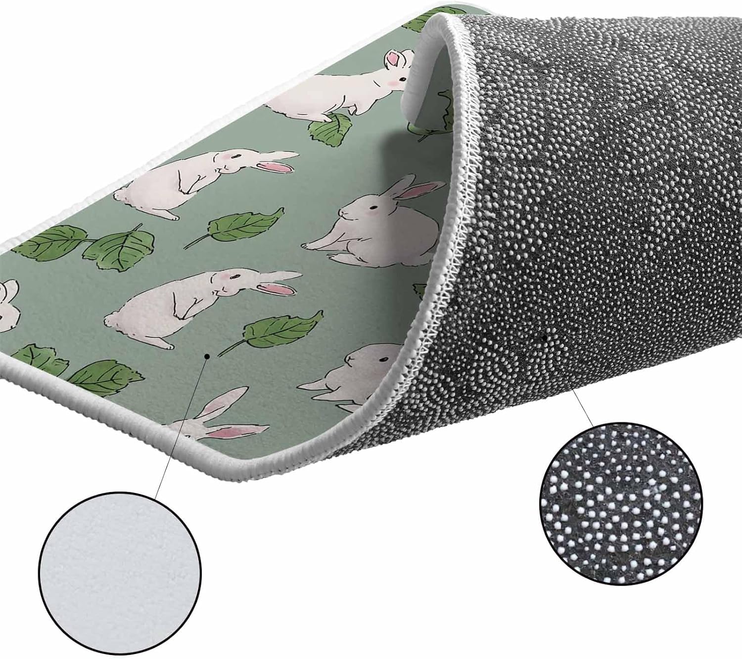 Cute Rabbits Kitchen Rugs and Mats Set of 2, Non-Slip Kitchen Sink Mat, Green Farmhouse Leaves Plants Cartoon Bunny Washable Doormat Bathroom Rugs Runner for Bedroom 23.6"x35.4"+23.6"x70.9"