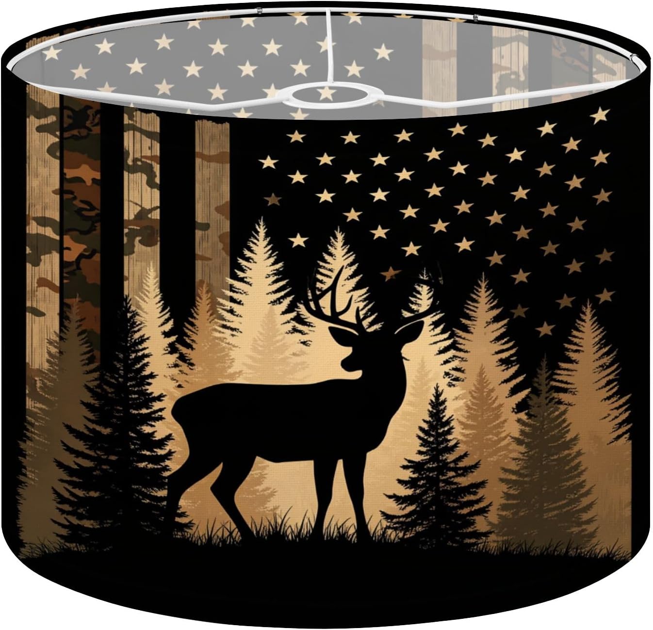 Linen Drum Lamp Shades 1 Pack Easy Assembly 13’’ W x 10’’ H Rustic Hunting Majestic Deer Forest American Flag Camouflage Replacement Lamp Shades for Table Lamps Farmhouse Lamp