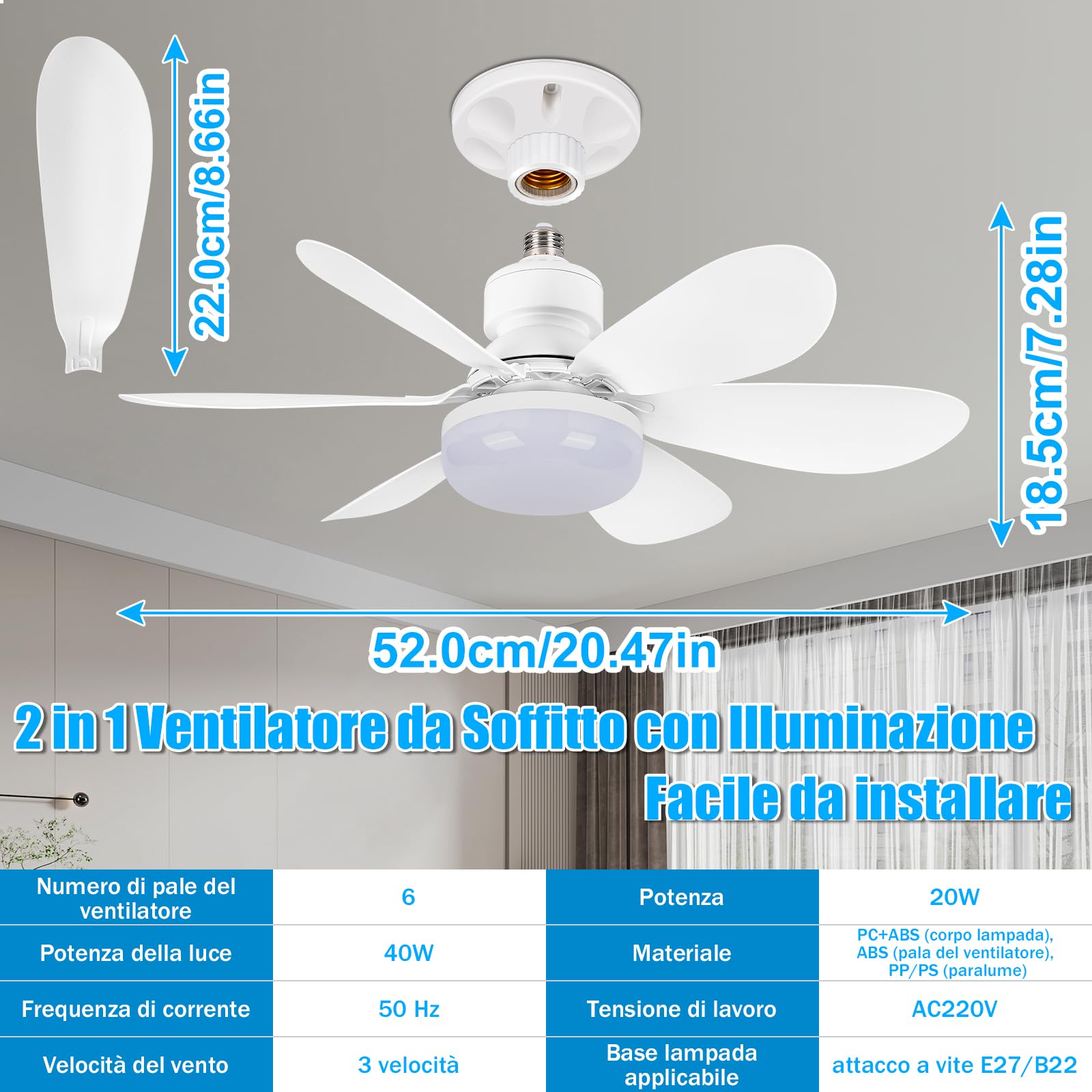 BuzzoXerex Ventilatore da Soffitto con Luce e Telecomando, 52CM Piccoli Lampadario con Ventilatore da Soffitto, E27 Plafoniera Led Soffitto Silenziosa, Velocità, Luminosità, Memoria
